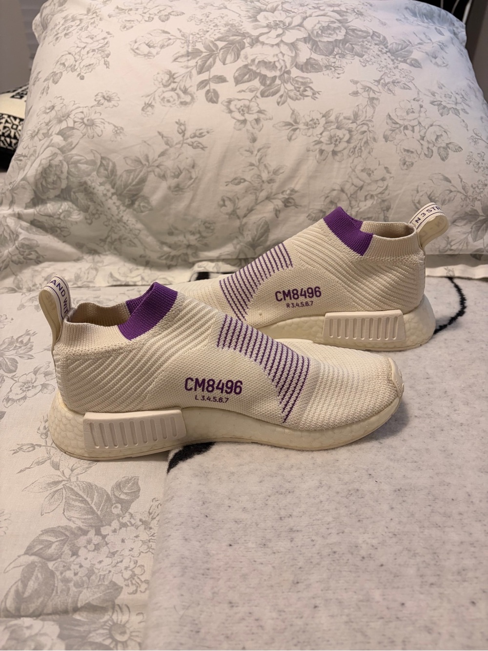 Adidas CM8496 Cream Slip-On Knit Sneakers with Purple Accents